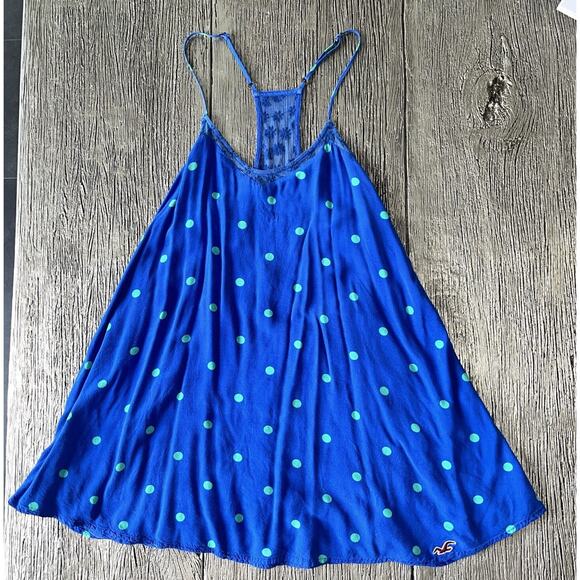 Hollister Dresses & Skirts - HOLLISTER Racerback Spaghetti Strap Lace Polka Dot Lined Blue Dress - XS
